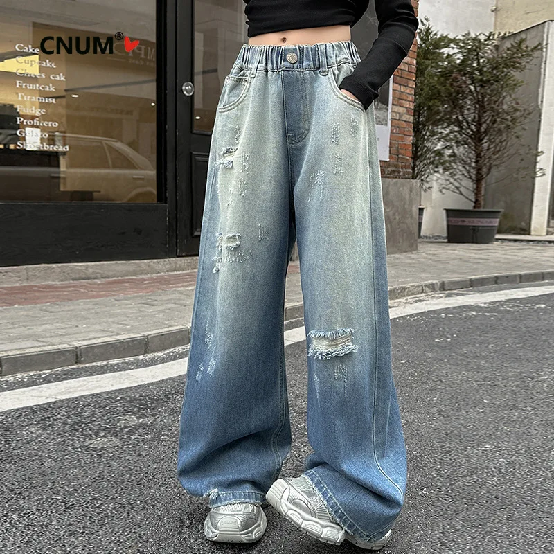 CNUM Girls' Lightweight Denim Pants Spring Wide-leg Loose Fit Children's Ripped Jeans Summer Bottom