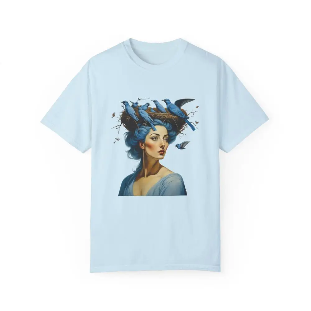 Unisex T-shirt surreal portrait of blue haired woman birds flying art painting