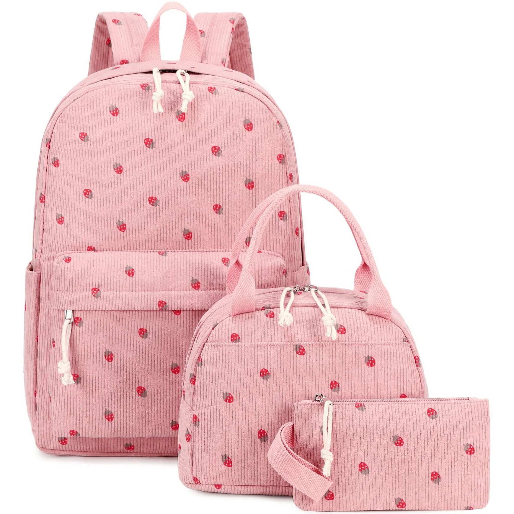 3pcs Corduroy Backpacks Strawberry Multi-function Schoolbag Casual Travel Large Capacity Daily Lightweight Students School Bag
