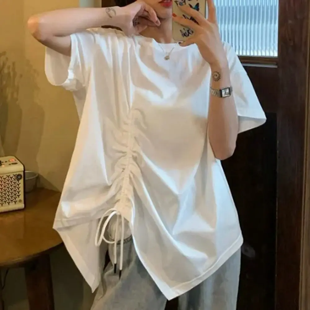 

Plus Size 6XL 150kg Summer Irregular T shirt For Women O Neck Short Sleeve Big Top Solid Color White Casual tshirt