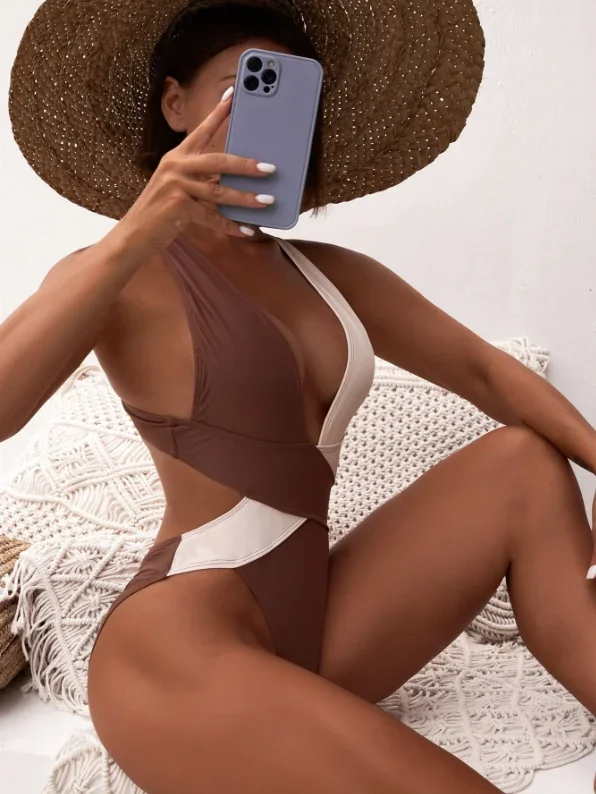 

Women's 6401 Bikini: New Double-Design Cross-Stitched Color-Matching One-Piece Swimsuit