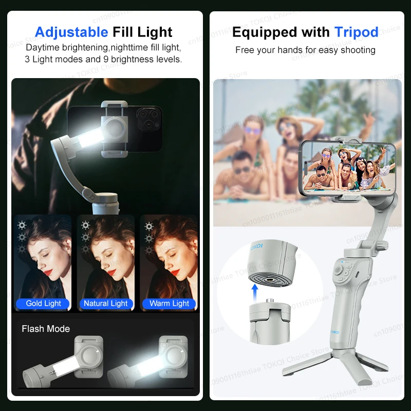 TOKQI Handheld Gimbal Phone Stabilizer with Fill Light for Smartphone 3-Axis Anti Shake Foldable Holder Selfie Tripod for iPhone