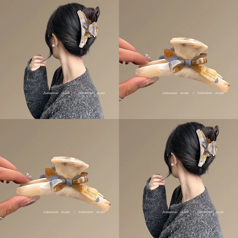 1pc French Cream Gentle Acetate Bow Hair Claw 2026 New Sweet Bun Maker Travel Hair Clasp for Women High End