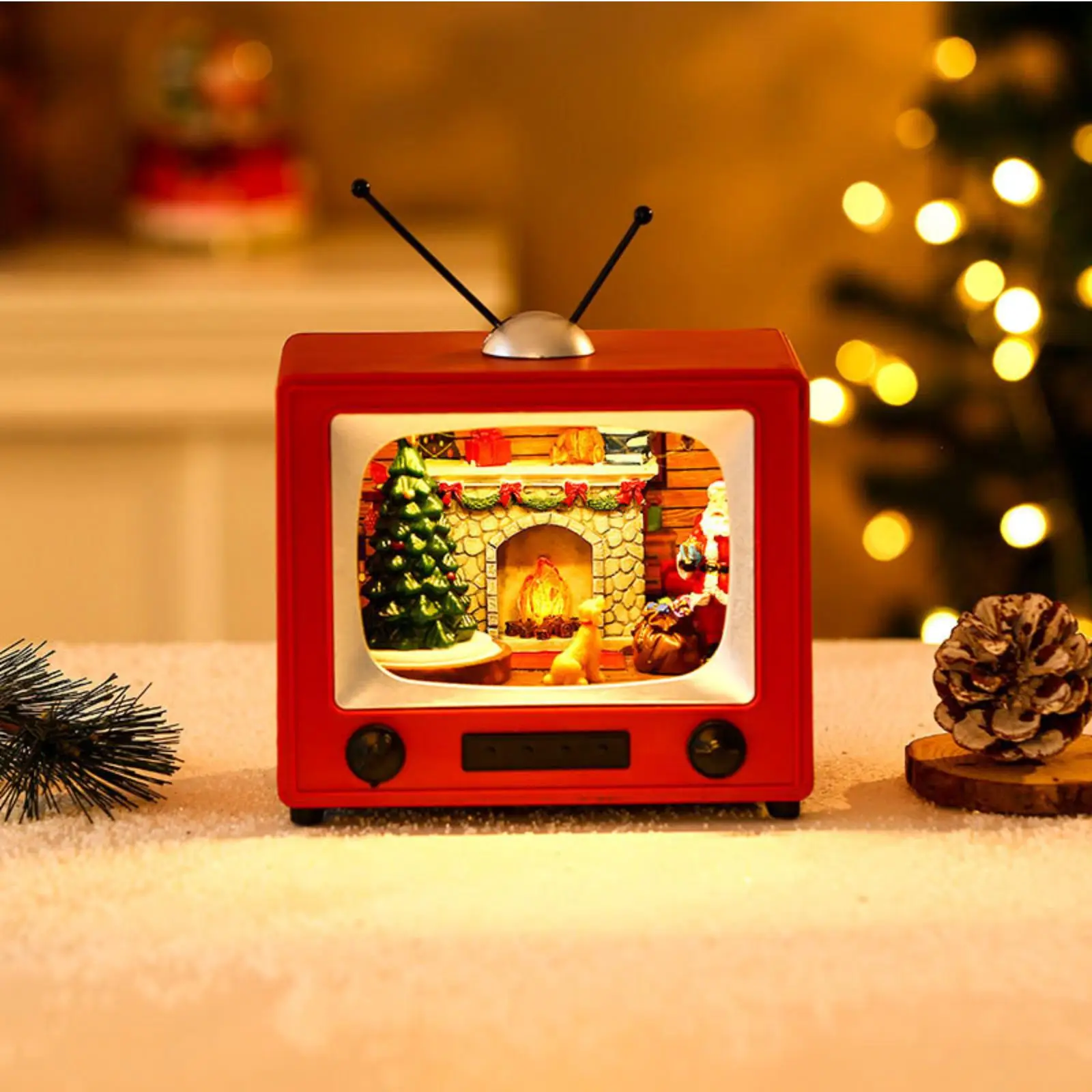 TV Shaped Christmas Desktop Ornament Retro Design Music Box with Santa Claus for Home Living Room Tabletop Decoration