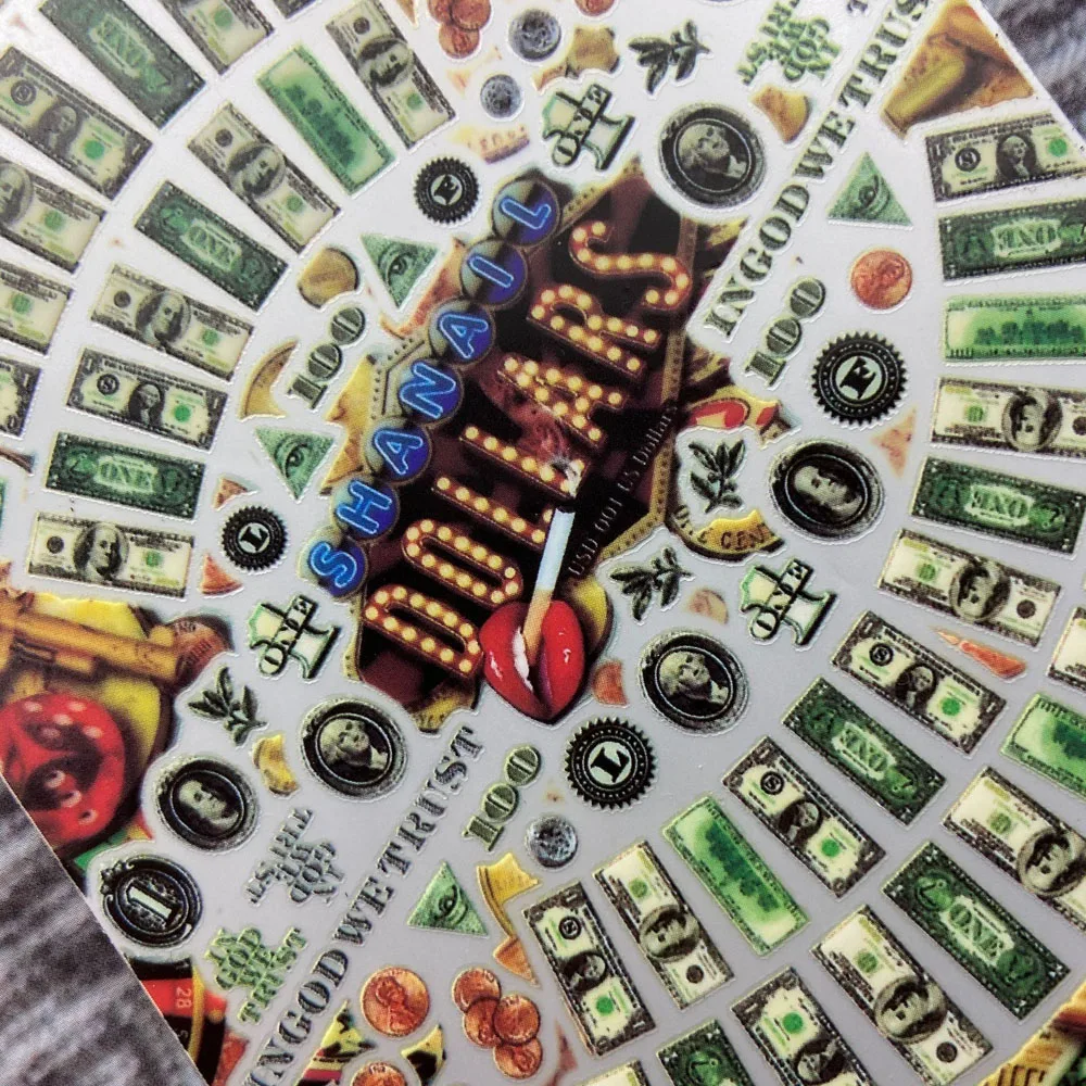 1Pcs 3D Geld Dollar Sign Nail Art Stickers Zelfklevend Speelkaart 100 Bill Dollar Nail Tips Decoratie Slider poker Decals