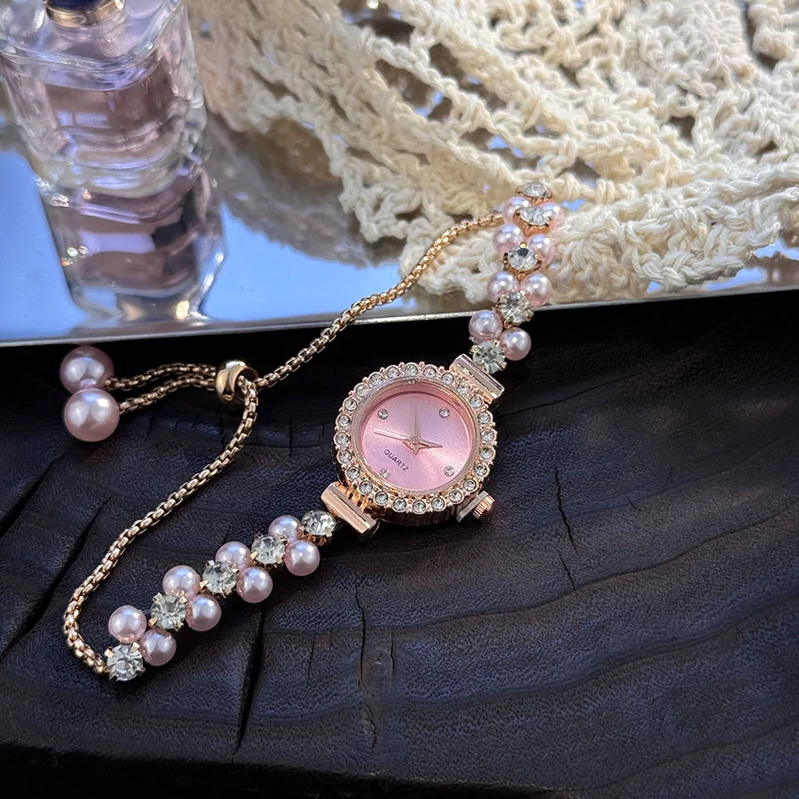 صف مزدوج لؤلؤة مرصعة بالألماس سحب حبل سوار المرأة ساعة كوارتز رومانسية SweetStyle موضة فاخرة ساعة اليد المتخصصة