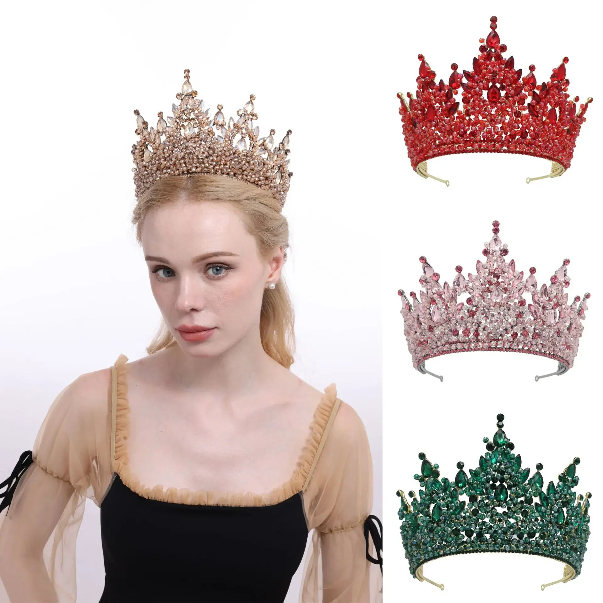 

European American Oversized Alloy Crystal Crown Women's Pageant Rhinestone Tiaras Wedding Party Headdress Hair Accessories