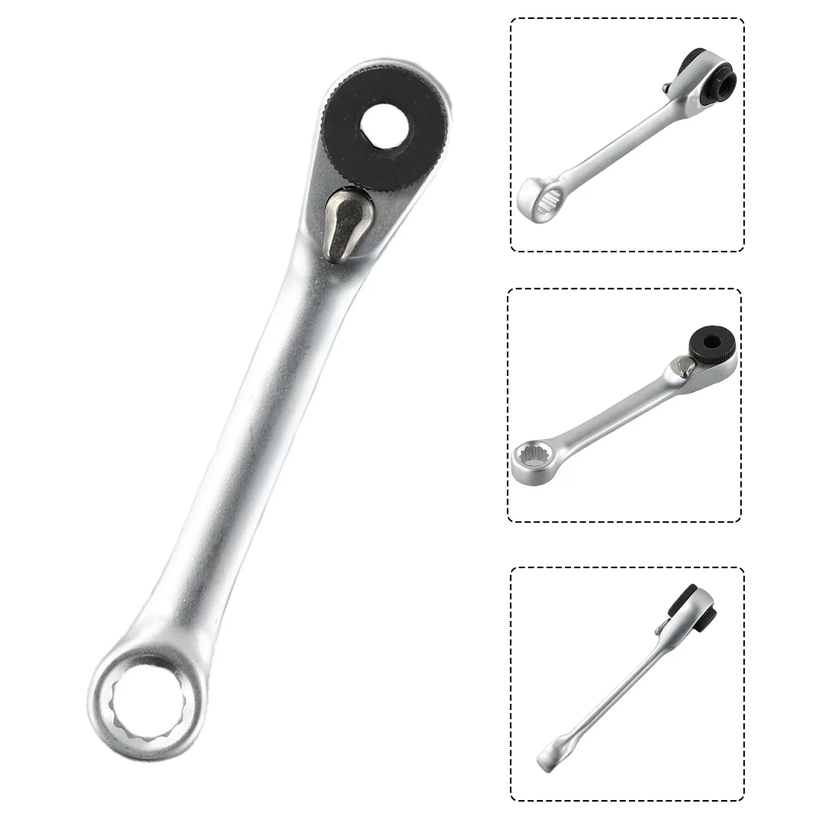 Professional Double Headed Ratchet Wrench, 14 Inch, Heat Treated Steel, Easy Thumb Switch, Silver&Black Design