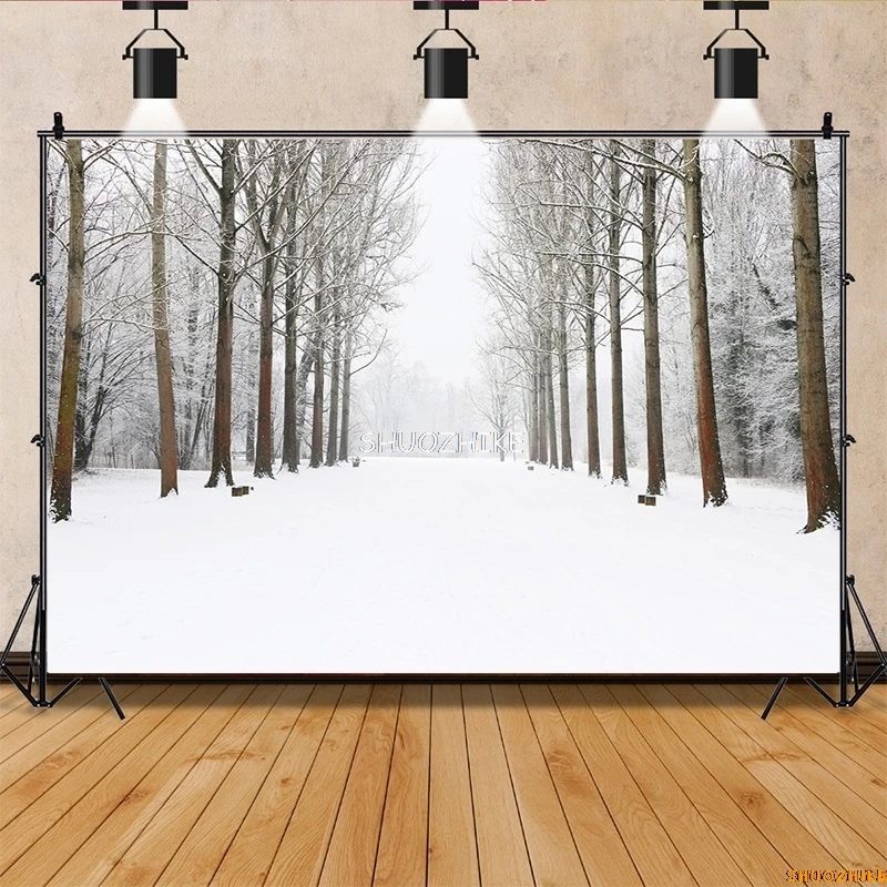 قطرات خلفية للتصوير الفوتوغرافي للغابات الشتوية ، طريق مغطى بالثلوج ، ندف الثلج ، أشجار التنوب ، خلفية الصورة ،