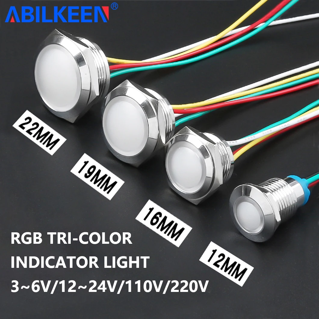 ABILKEEN 12/16/19/22MM RGB Tri-Color LED Light Indicator Lamp IP65 Waterproof 3-6V/12-24V/110V/220V Industrial Switch Pilot Lamp
