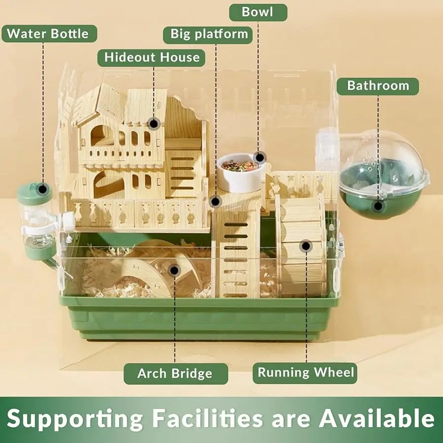 

8 in 1 Acrylic Hamster Cage,2-Tier Dwarf Hamster Cage with Wooden Wheel & Hideout,Small Hamster Habitat with Accessories,Clear P