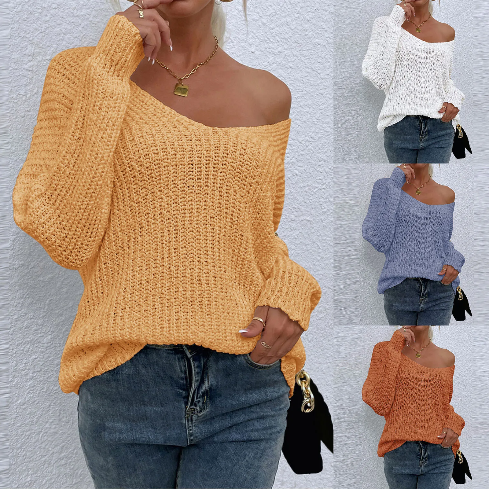 Womens Solid Color Sweaters Y2k Aesthetic Off The Shoulder Knit Tops Loose Hollow Knitted Jumpers Leisure Elegant Pullovers Top