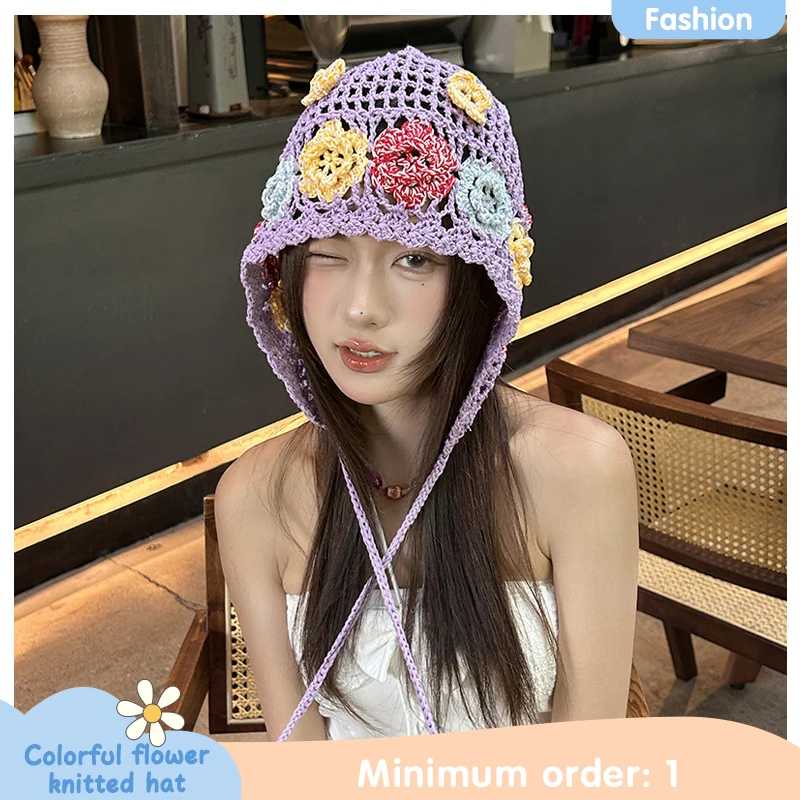 Summer and Autumn Colorful Flower Hollow Ethnic Style Knitted Hat for Women Japanese Style All-match Crochet Flower Pullover Hat