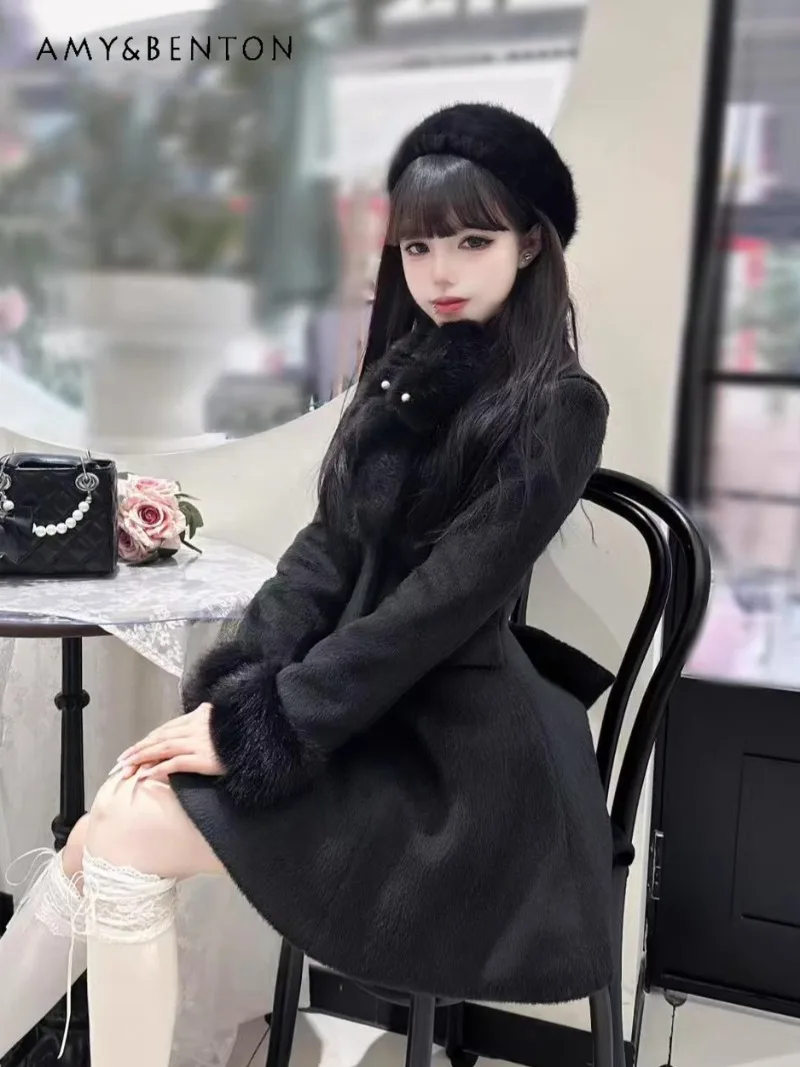 

Милое осенне-зимнее новое шерстяное пальто принцессы Лолиты для женщин, утепленное теплое милое плюшевое пальто средней длины с отложным воротником