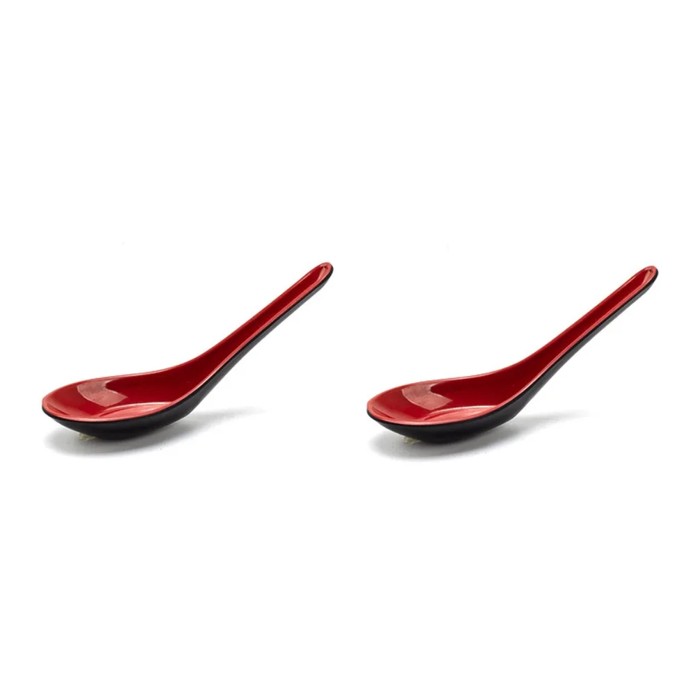 2pcs Japanese Style Melamine Red Black Soup Spoon Long Handle Simulated Ceramic Ramen Spoon Heat-resistant Drop-resistant