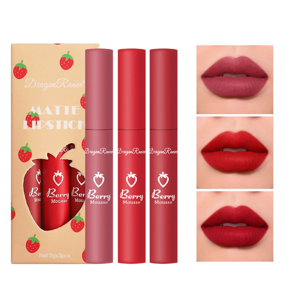 3PCS 딸기 립스틱 세트 벨벳 메이크업 매트 립스틱 오랫동안 지속되는 립글로스 비 스틱 컵 립글레이즈 선물 상자