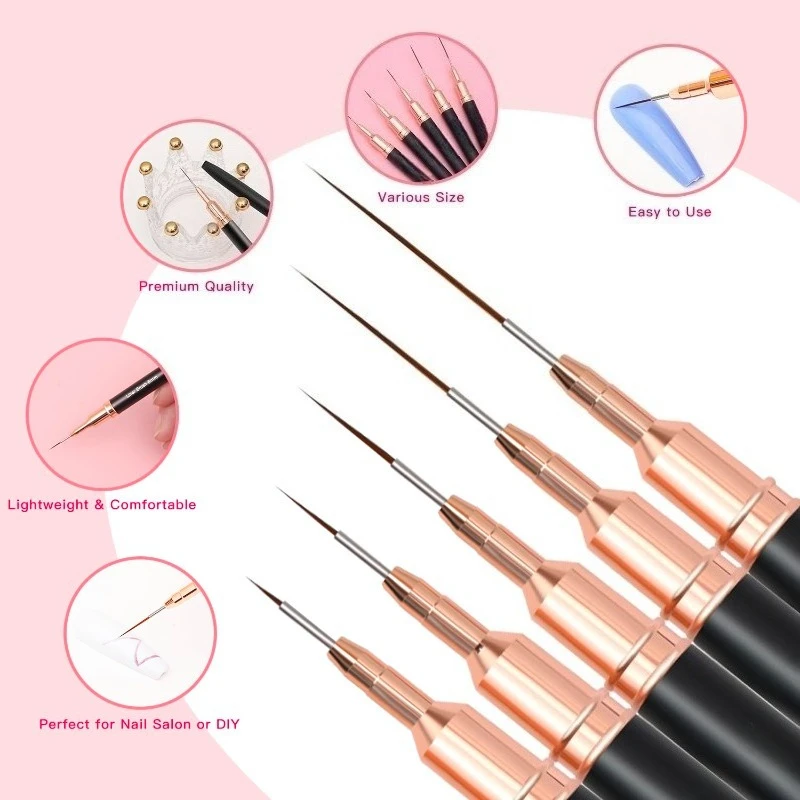 Premium Metallic Nail Art Brushes Set (5Pcs) with 1PC Display Stand - UV Gel Polish Painting Tools for Long Lines & Fine Details