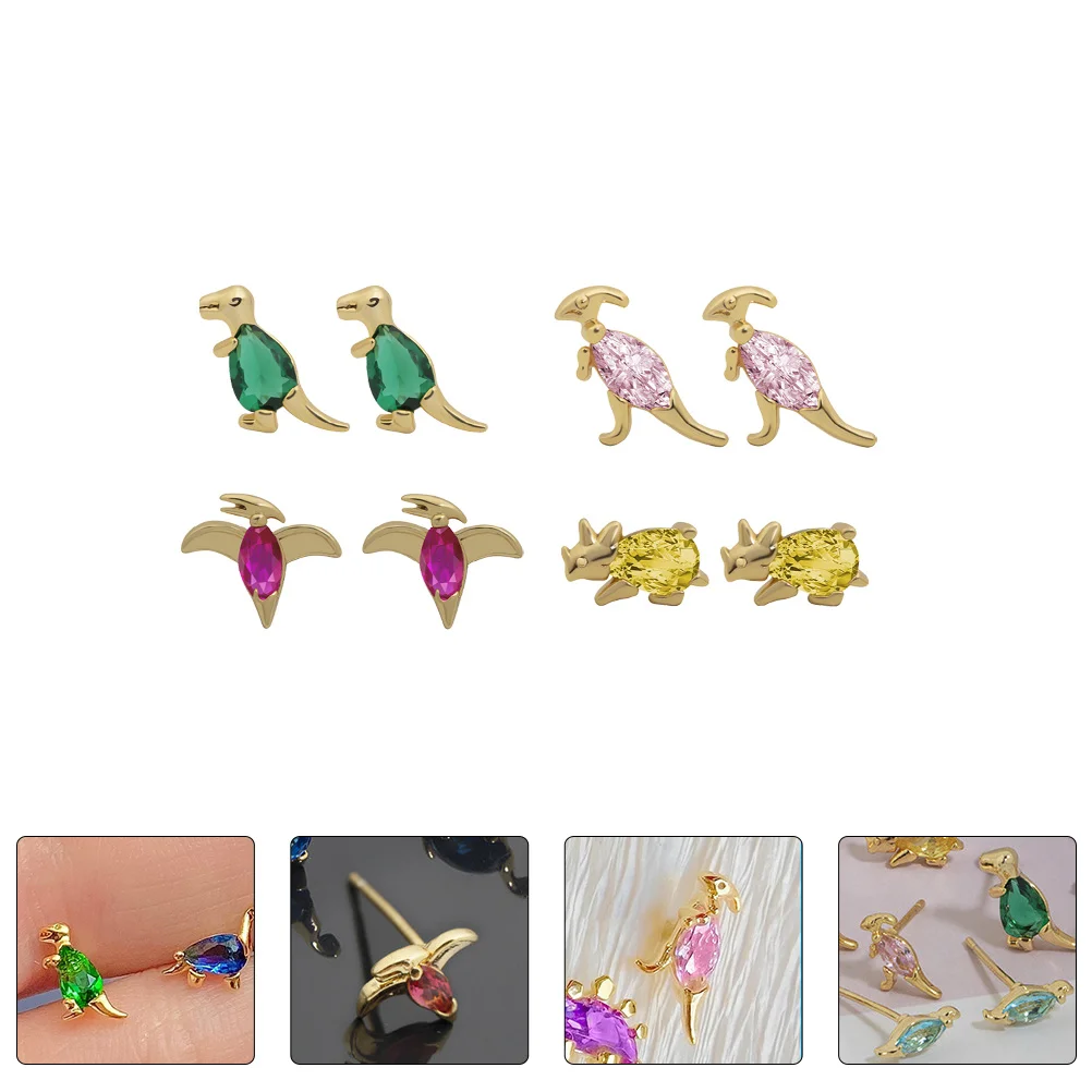 

4 Pairs Cartoon Dinosaur Earrings Animal for Cute Stud Small Shape Jewelry