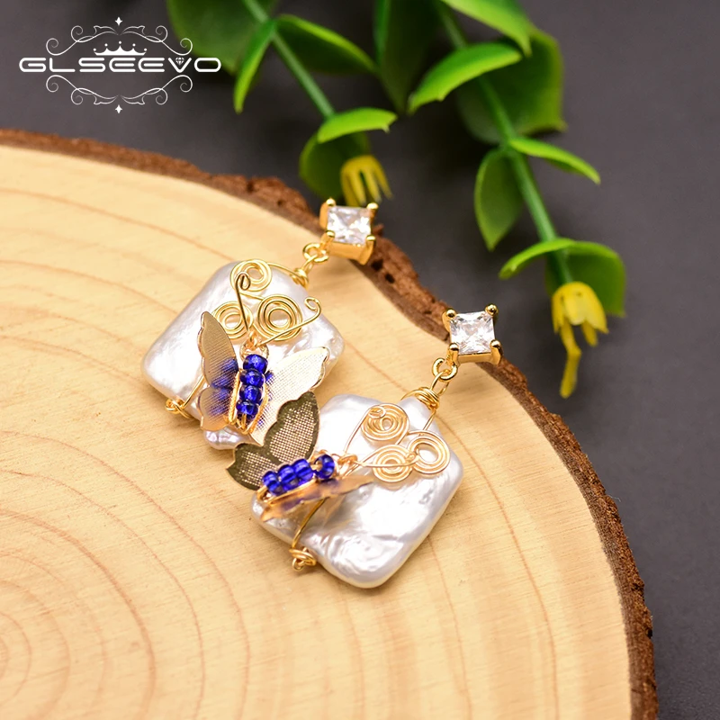 GLSEEVO Natural Fresh Water Pearl Square Pearl Dangle Earrings Butterfly Dangle Earrings For Women Wedding Fine Jewelry GE0806