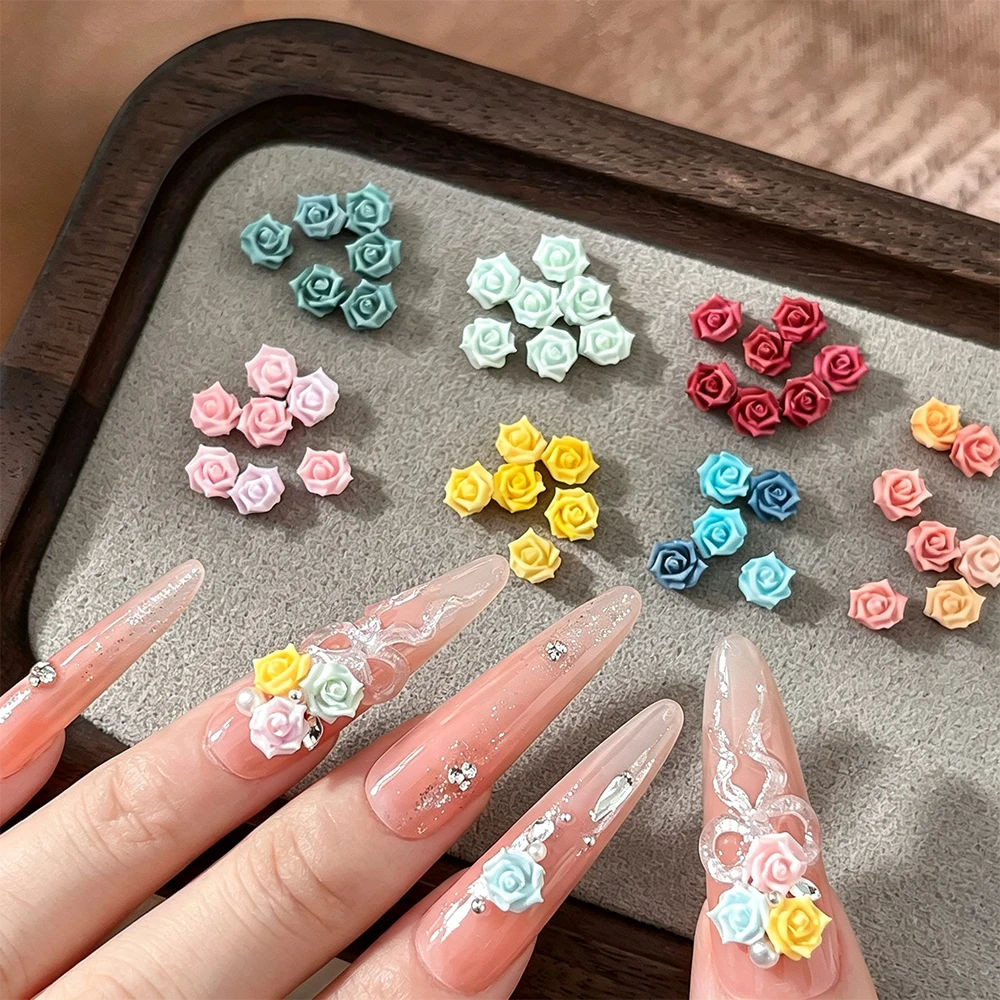 50Pcs 3D Multicolors Rose Nail Charms 5mm Flatback Resin Camellia Flower Nails Art Decorations DIY Elegant Manicure Accessories