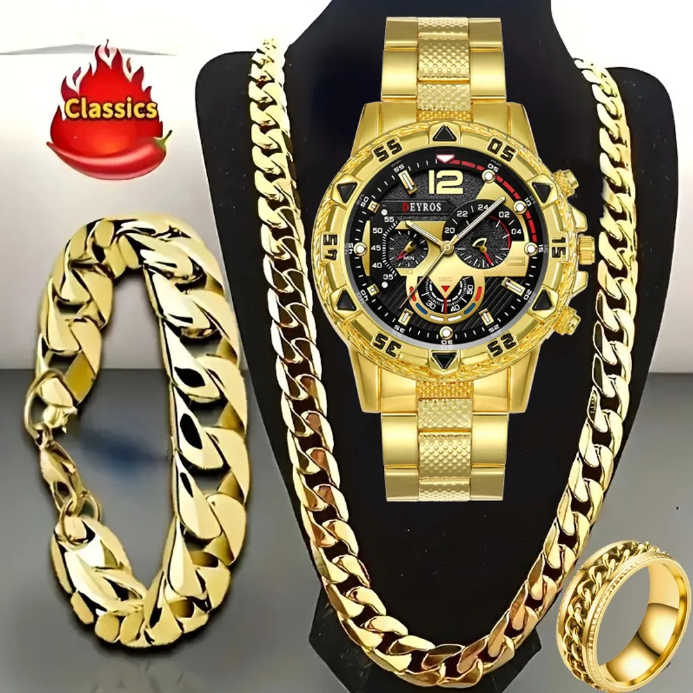 4pcs/set Luxury Men's Watch & Men's jewelry set - Men's Necklace, Bracelet, Ring, Men's Quartz Watch Set Casual Business Watch