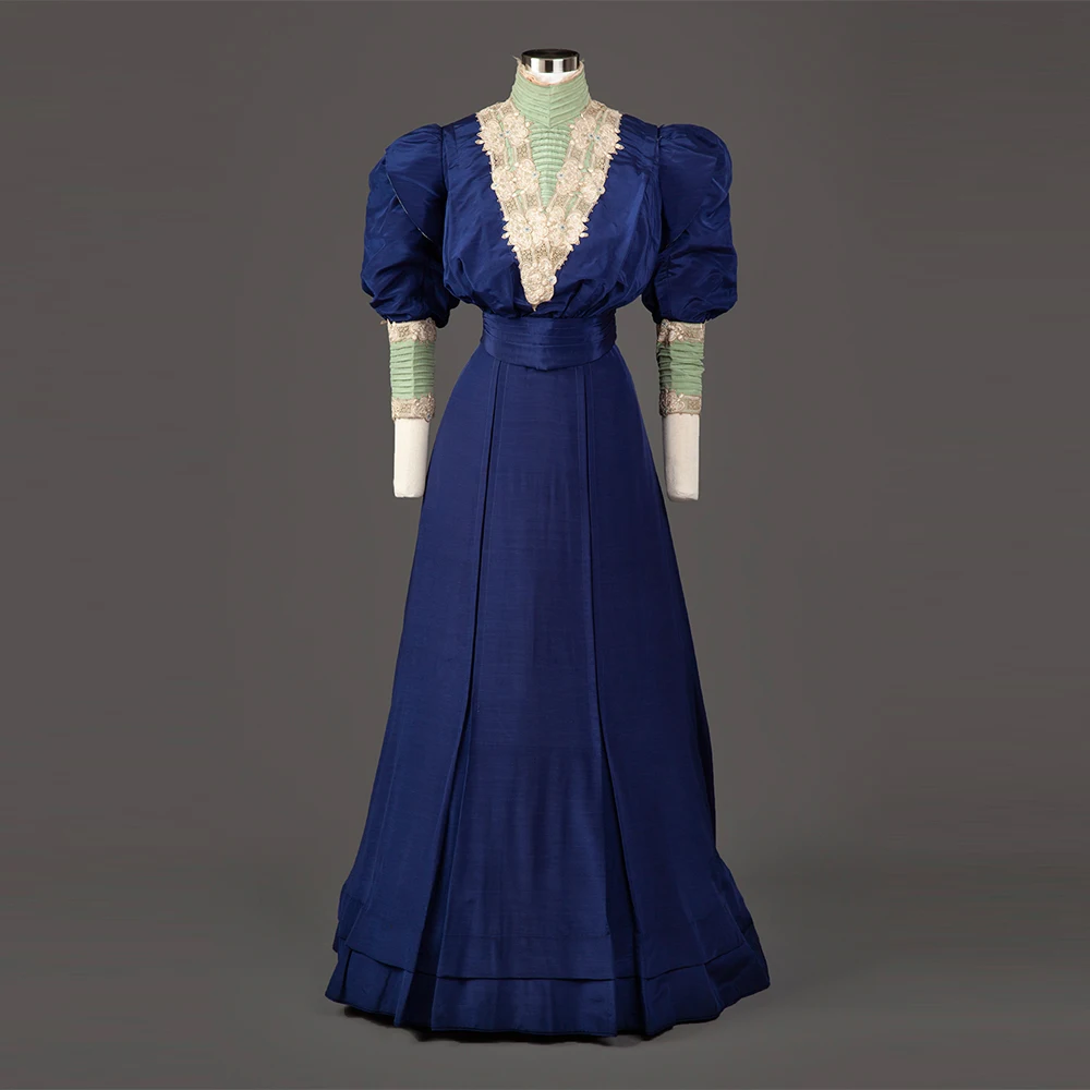 

1909s Blue Day Dress Elizabethan Queen Afternoon Walking Costume Victorian Edwardian Noble Duchess Business Party Ball Gown