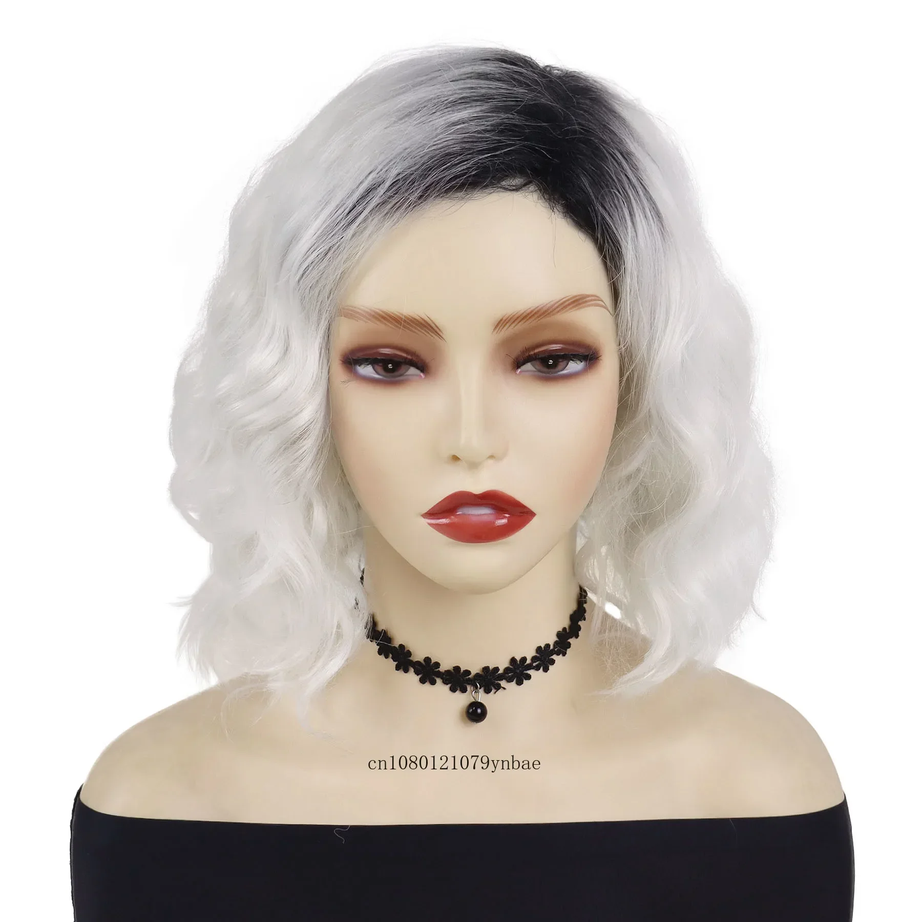 Parrucche sintetiche Ombre bianche per donne Ragazze Parrucca corta ondulata con radice scura con frangia Cosplay quotidiana Anime Costume Party dall'aspetto naturale