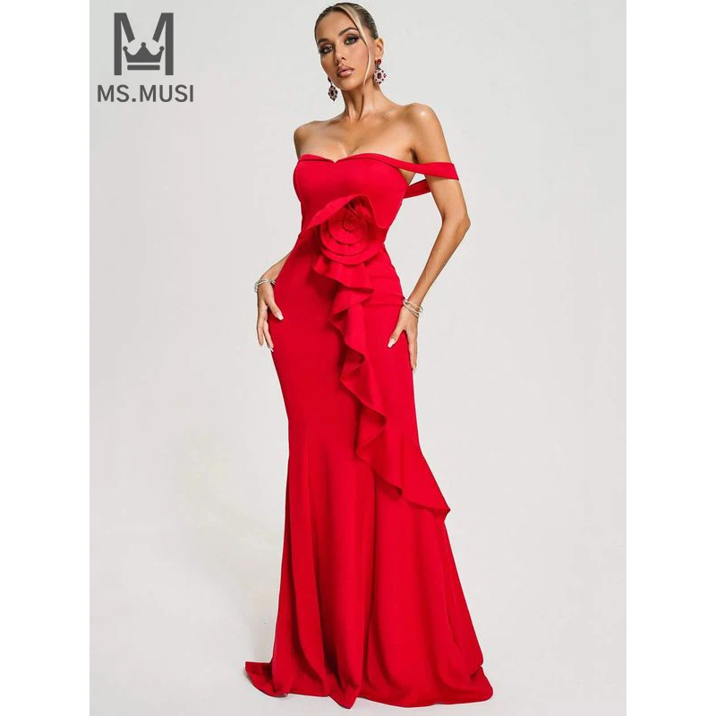 

MSMUSI 2024 New Fashion Women Sexy Floral Off The Shoulder Draped Fold Sleeveless Bodycon Party Club Event Maxi Dress Long Gown