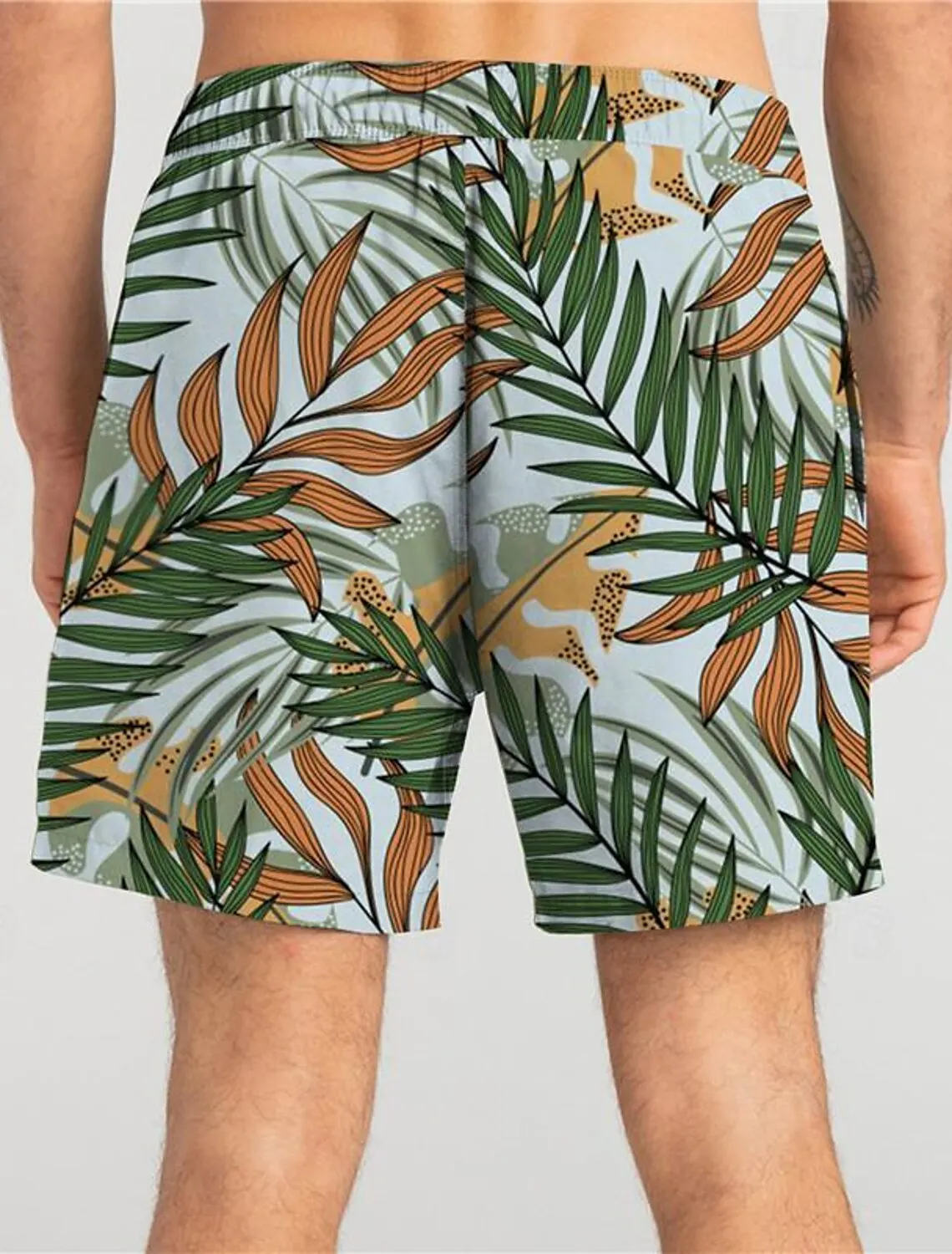 Celana pendek pria, celana pendek Hawaii pendek 3D motif daun tropis tali serut elastis bernapas meregang pendek gaya Aloha