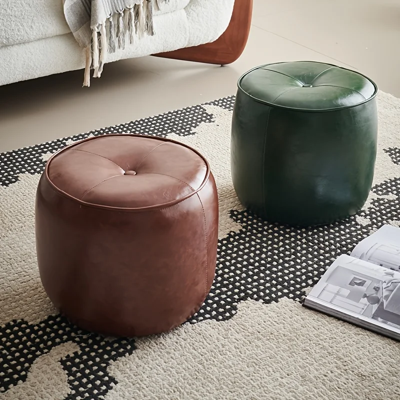 

1 retro style faux leather wooden footstool without armrests and backrest - small round dressing stool for bedrooms
