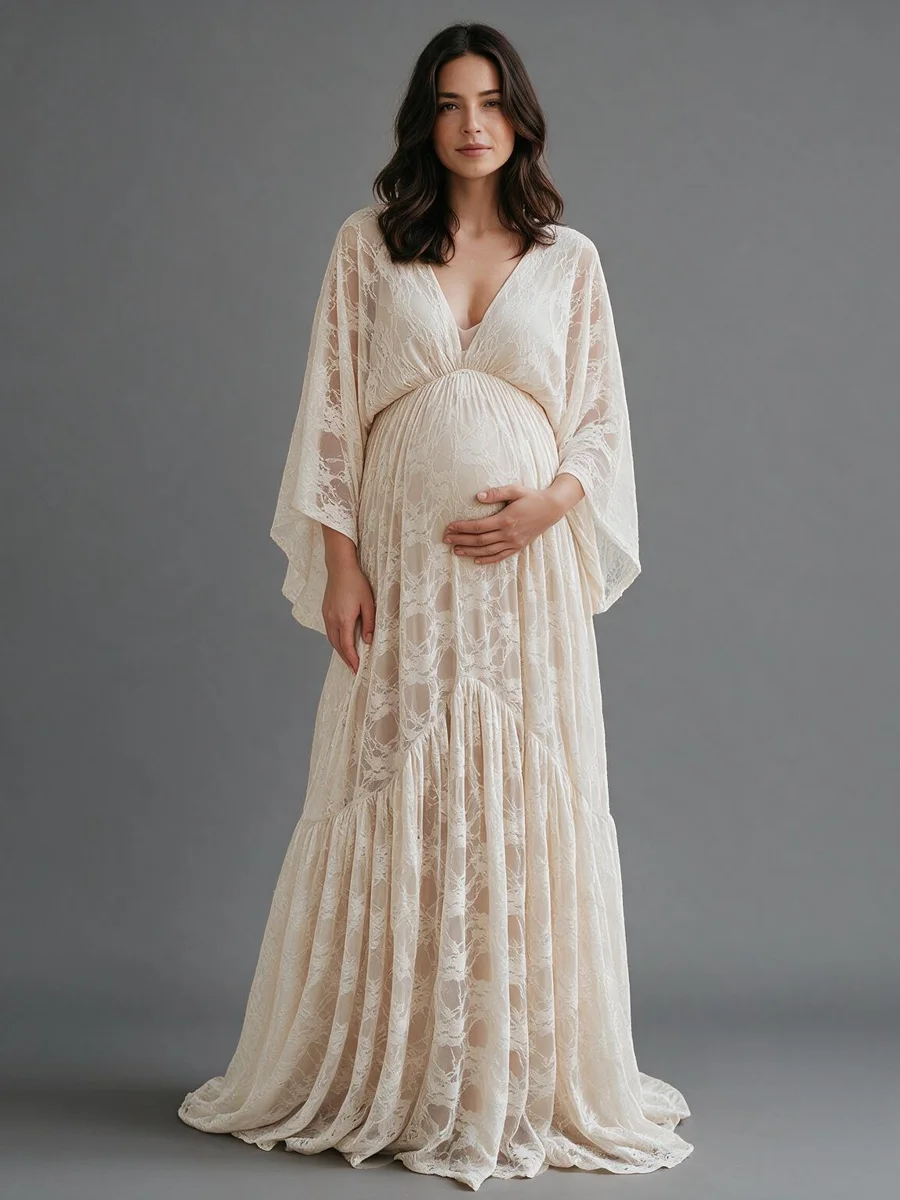 Boho Deep V-Neck Lace Maternity Baby Shower Dress with Bell Sleeves Pregnancy Photoshoot Dress