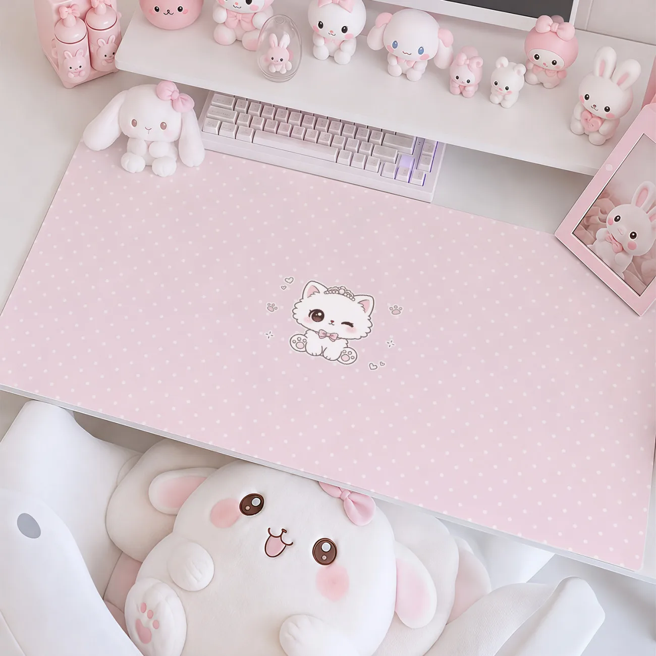 Ins Cute Pink Cat Polka Dot PU Leather Desk Mat Protector Office Mouse Pad Waterproof Non-Slip Carpet Mat Laptop Desk Blotter Pa