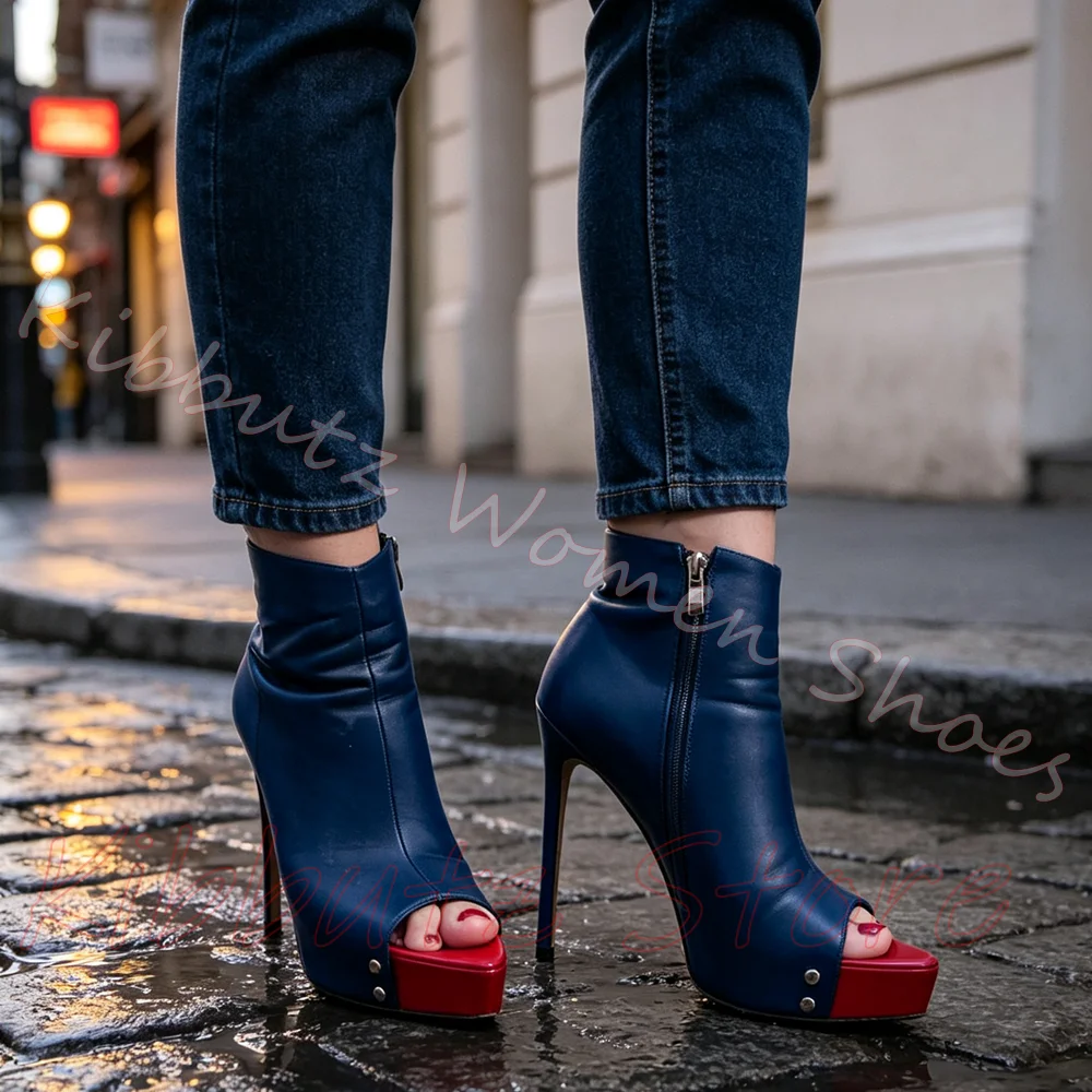 Peep Toe Stiletto Platform Ankle Boots Side Zipper Patchwork Leather Mixed Color Women Thin Heel Fashion Footwear Luxury Elegant