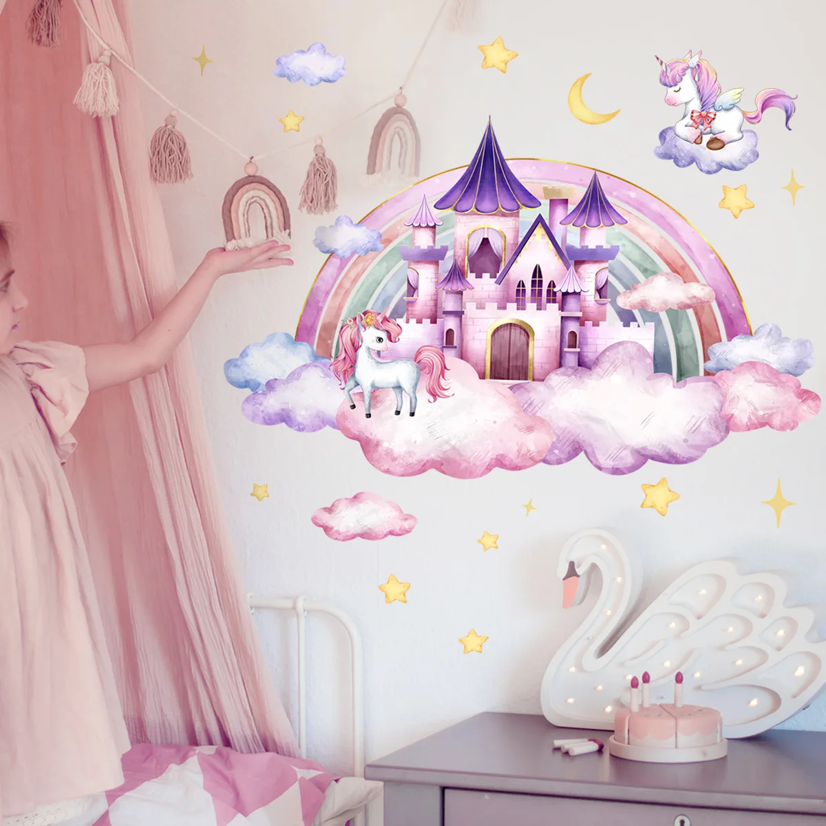 

2pcs Cartoon Unicorn Dream Castle Rainbow Wall Stickers Girl Room Kindergarten Background Decorative Mural Wall Sticker Bm6051