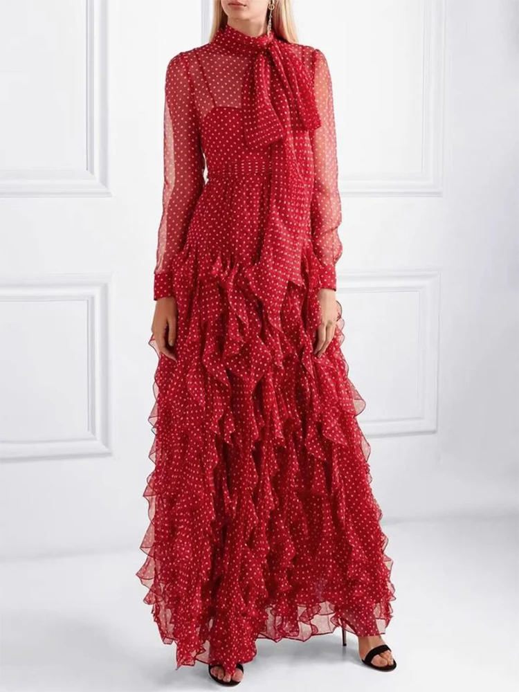 Sxthaenoo chique polka-dot vestidos femininos mangas compridas em camadas a linha vestidos de festa moda diária escritório tornozelo comprimento vestidos de noite