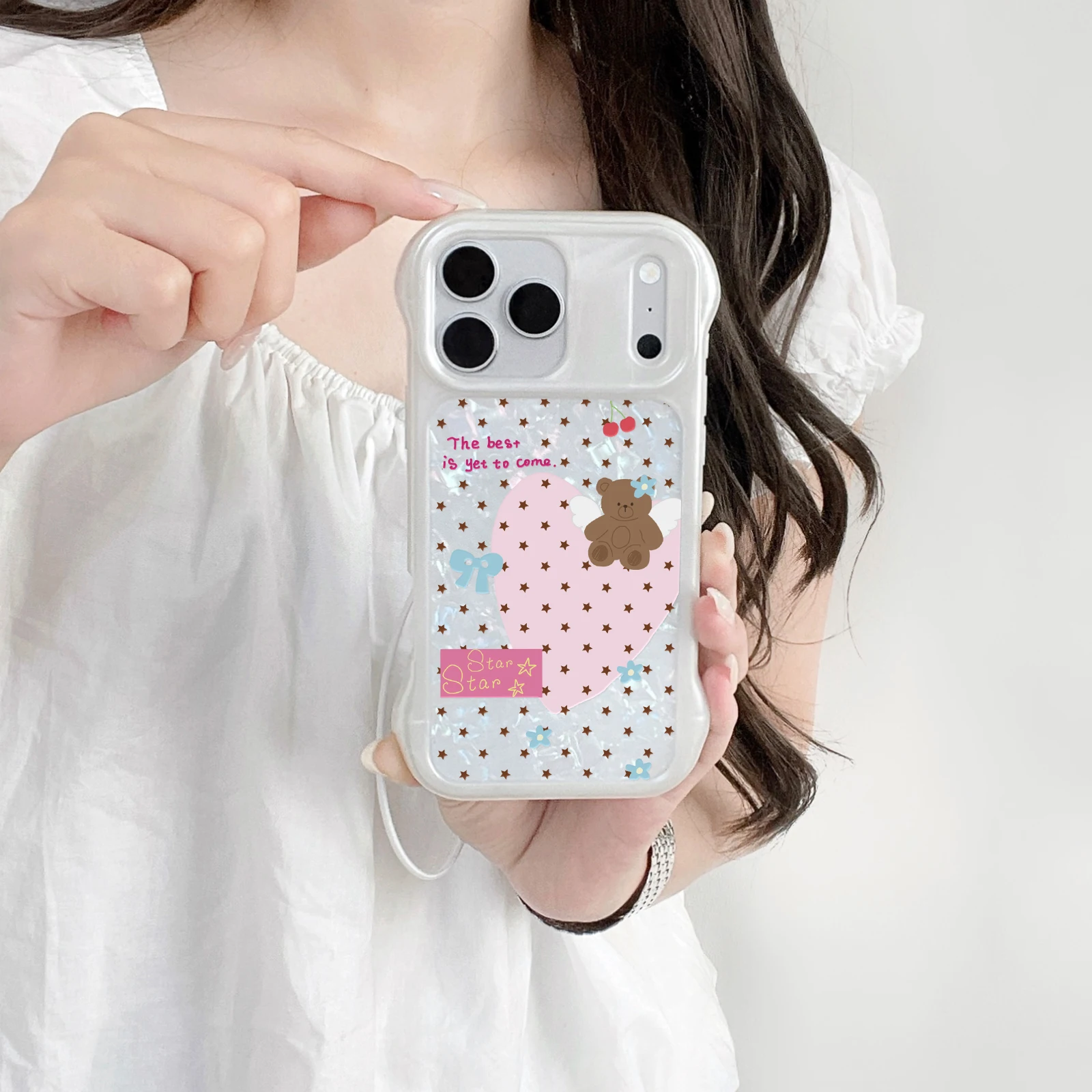 Kawaii Star Heart Angel Bear Mirror Phone Case White Wavy Edge Soft TPU Anti-Fingerprint Cover For iPhone 13-17 Pro Max