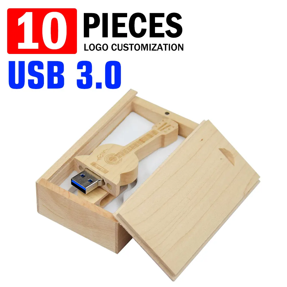 

10pcs Wooden Guitar USB 3.0 Flash Drive 128GB Free Custom Logo Memory Stick 64GB High speed Pen Drive 32GB Creative Gift U Disk