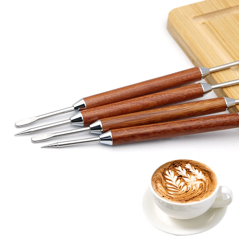 Stainless Steel Coffee Decorating Art Pen Wooden Handle Latte Pull Flower Needle Barista Tool Coffee Accessories Modeling Tool