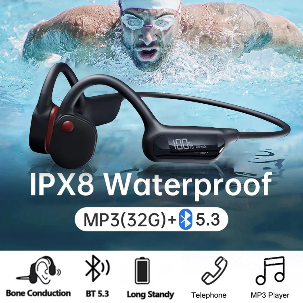 

X10 Наушники с костной проводимостью для плавания Bluetooth 5,3 Спортивные беспроводные наушники MP3 IPX8 Водонепроницаемая гарнитура с микрофоном 32 ГБ