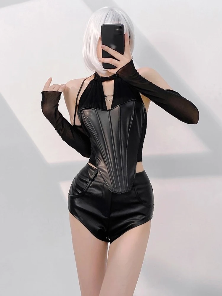 

Черный джазовый танцевальный костюм, женская танцевальная одежда для ночного клуба, бара, сексуальный жилет с лямкой на шее, шорты, комплект Dj Ds, одежда для выступлений, праздничный наряд yj890