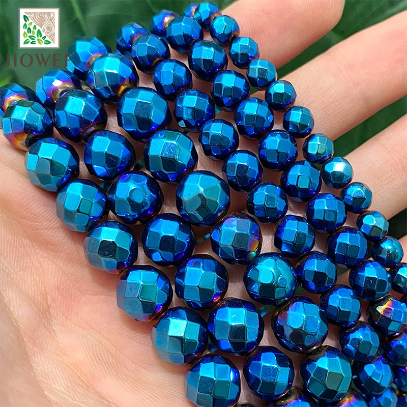 Natural Faceted Plated Blue Hematite Loose Round Beads For Jewelry Making DIY Charms Bracelet Necklace 15\'\'Strand 2/3/4/6/8/10mm