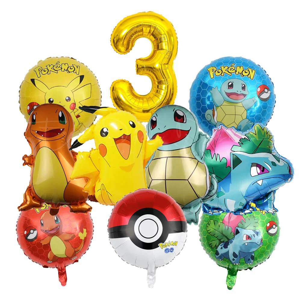 10/5 Stück Pokemon-Luftballons Set Pikachu-Luftballons 32 Zoll Gold Blaue Zahl Folienballon 1-9 für Kinder 1-9. Geburtstagsparty-Dekoration