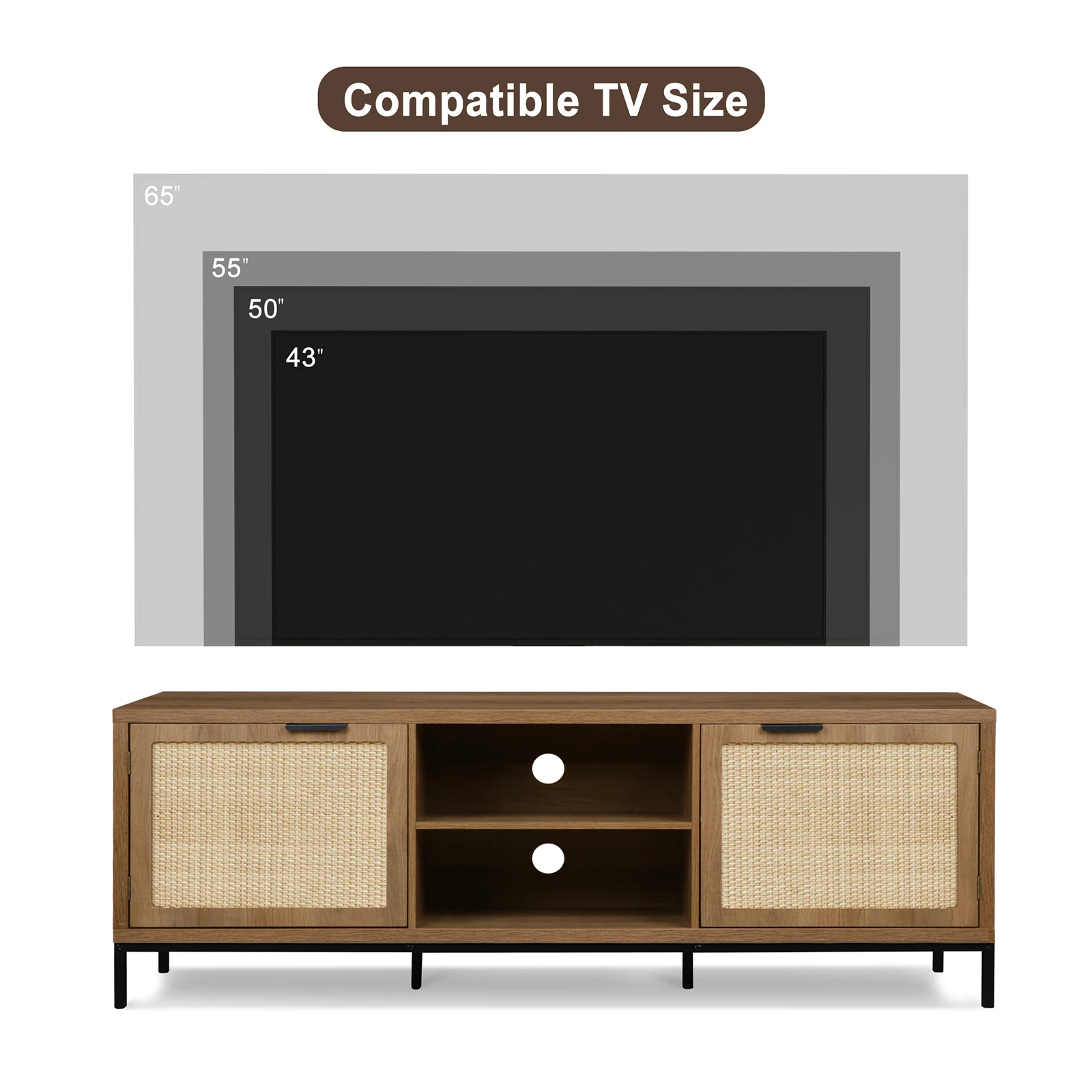 Aupodin-Farmhouse Rattan TV Stand, mesa de console rústica, 2 portas, moderno centro de entretenimento, 65 ", H0033