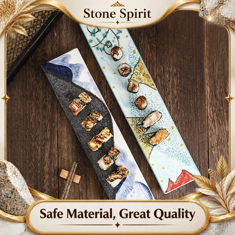 Creative Ceramic Plate, Rectangular Sushi Plate, Seafood and Sashimi Display Plate, Snacks, Cake, Tableware, 17.75 Inches