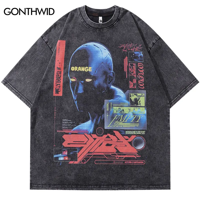 Vintage T-Shirt Y2K Hip Hop Retro Robot Graphic Print Washed Tshirt Streetwear 2023 Men Fashion Summer Harajuku Casual Loose Top