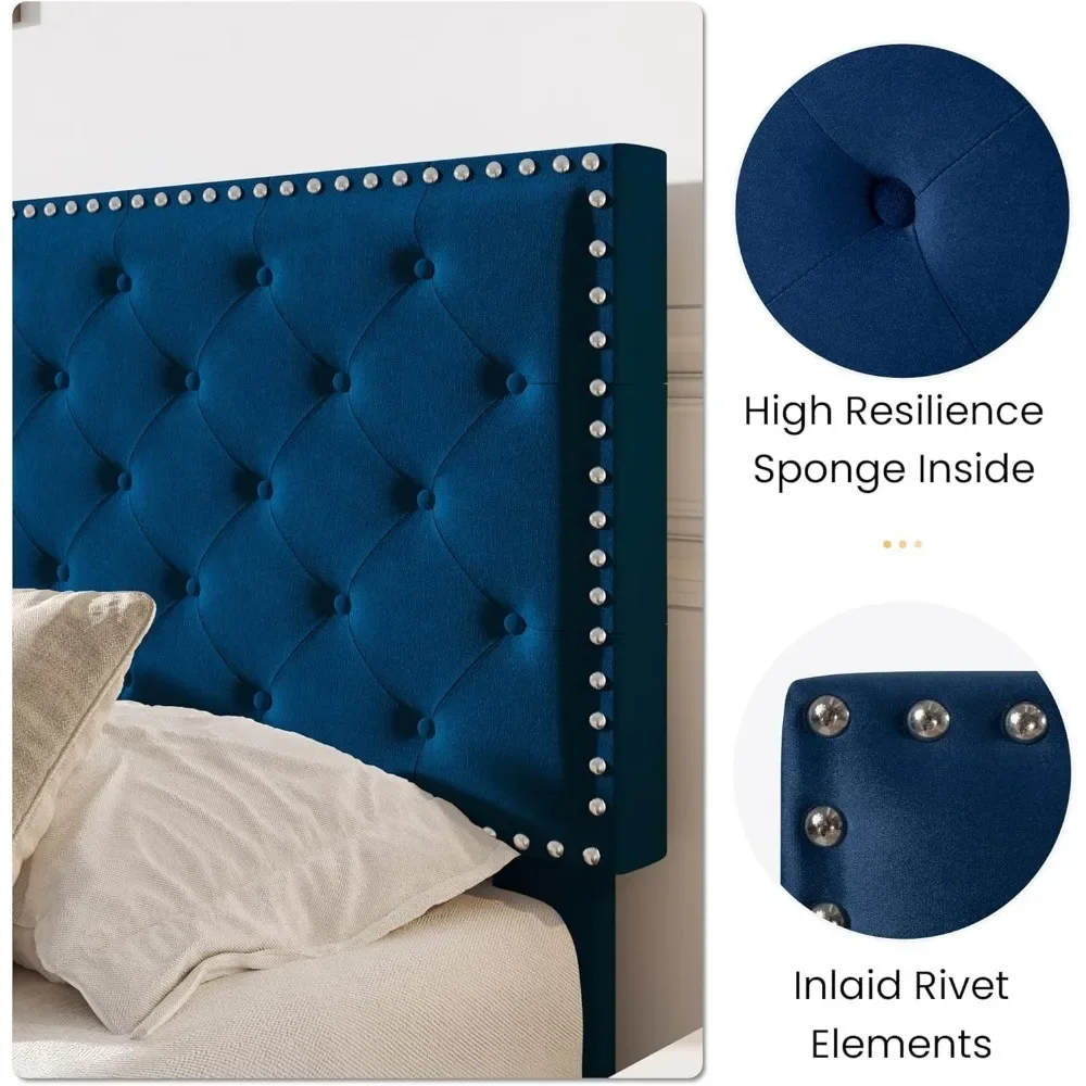 King Size| Velvet Bed Frame with Adjustable Headboard, Diamond Button Tufted and Rivet Decor, No Box Spring Needed