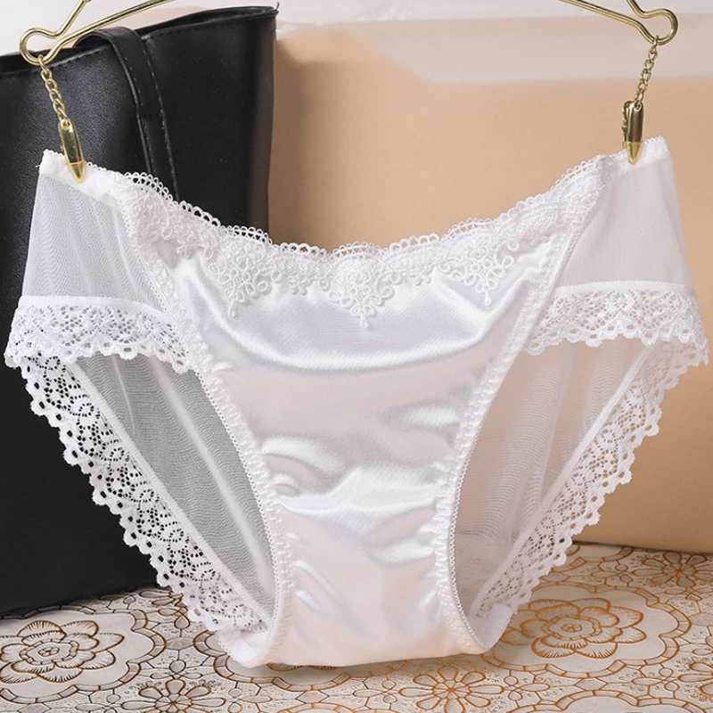 New Satin Silk Panties Women Low Waist Seamless Lace Briefs Underwear Sexy Solid Color Comfortable Intimates Underpants Lingerie