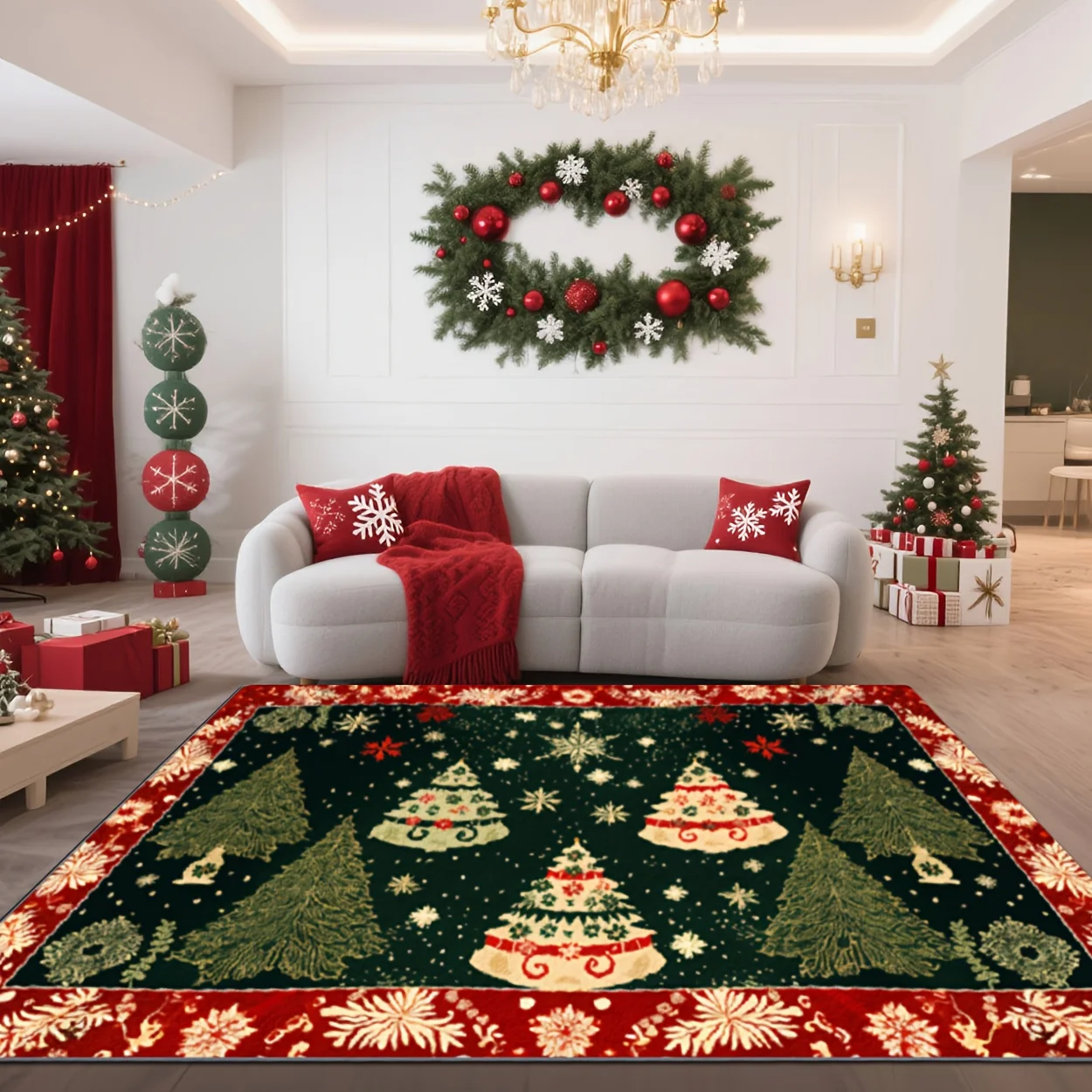 1pc Cute Modern Christmas Area Rug, Snowflake & Christmas Tree Pattern, Soft, Comfortable, Non Slip & Easy to Clean