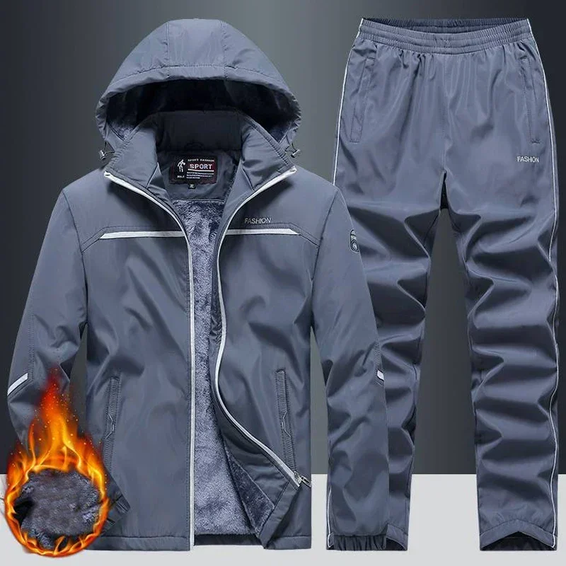 Conjunto deportivo cálido para hombre, Sudadera con capucha y pantalones de chándal, chándal de lana a prueba de viento, ropa deportiva para gimnasio y trotar, invierno, nuevo