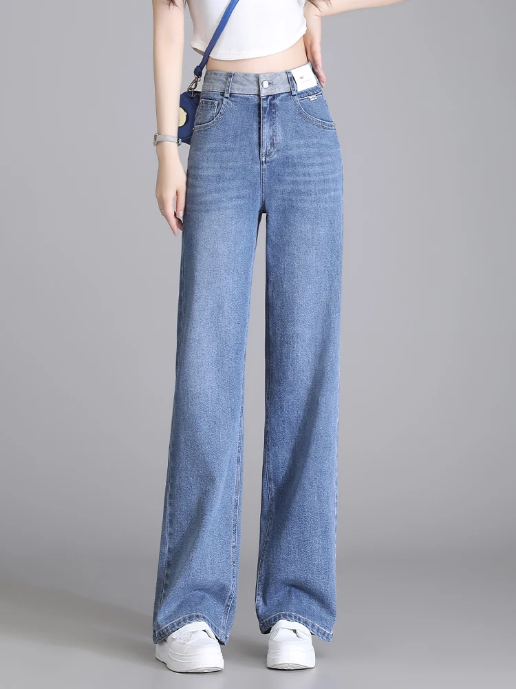 

Джинсы женские с высокой талией, прямые, светло-голубые, из денима, весна-осень, новый стиль, утягивающие, свободные, широкие брюки, повседневные, хлопковые, ст...